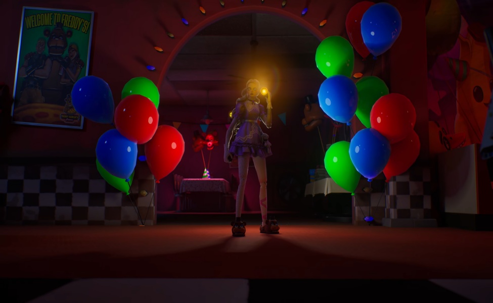 Animated character on stage with colorful balloons in dark venue with party