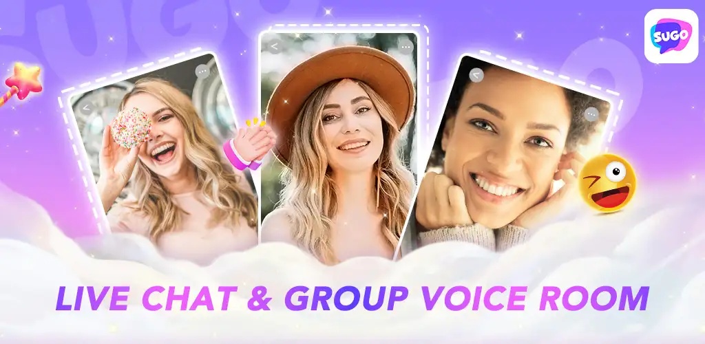 SUGO live chat and group voice room interface with three smiling users