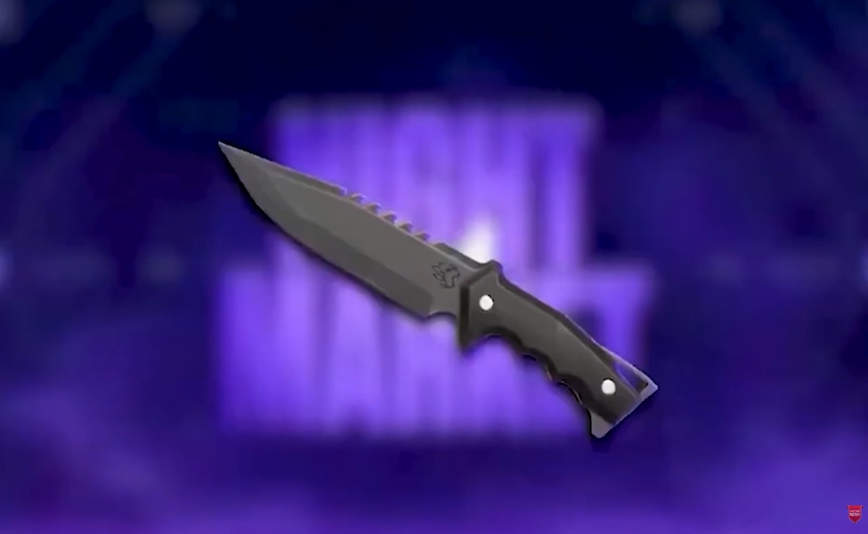 Black combat knife with serrated edge and grip on purple background