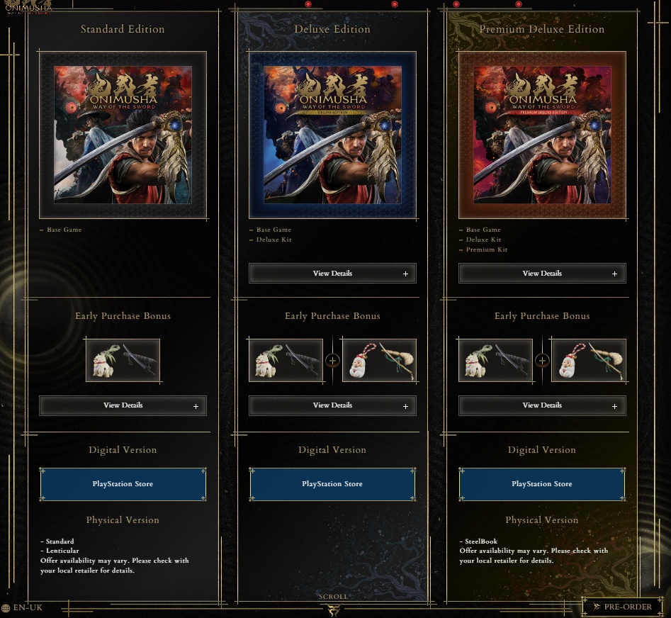Onimusha Way of the Sword Standard, Deluxe, and Premium edition comparison chart