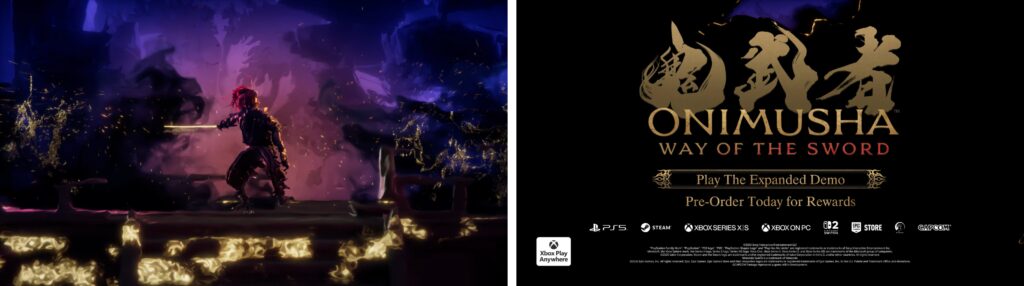 Onimusha Way of the Sword gameplay with glowing effects and platforms