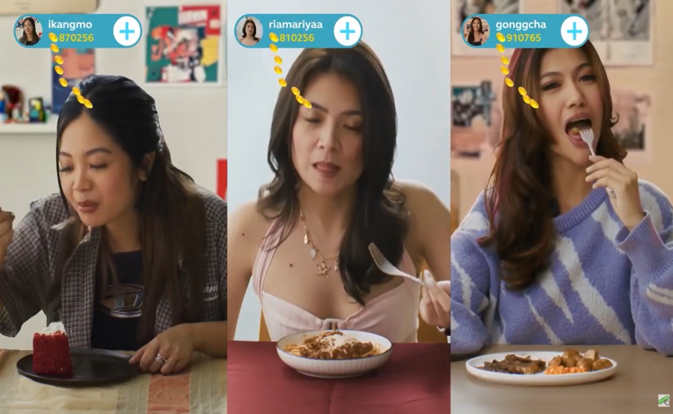 Three women eating food during BIGO Live streams with usernames and follower