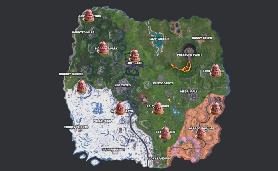 Fortnite Battle Royale map showing named locations with cake icons marking