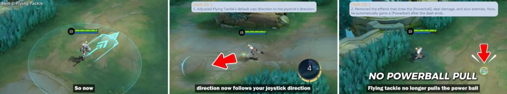 Bruno Flying Tackle skill adjustments showing joystick direction control and
