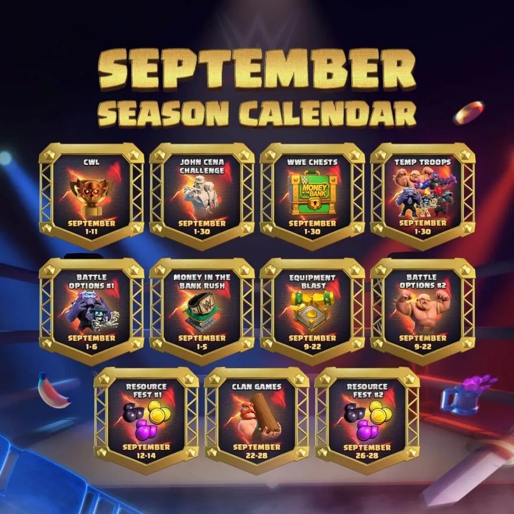 Clash of Clans September season calendar with 11 in-game events and challenges