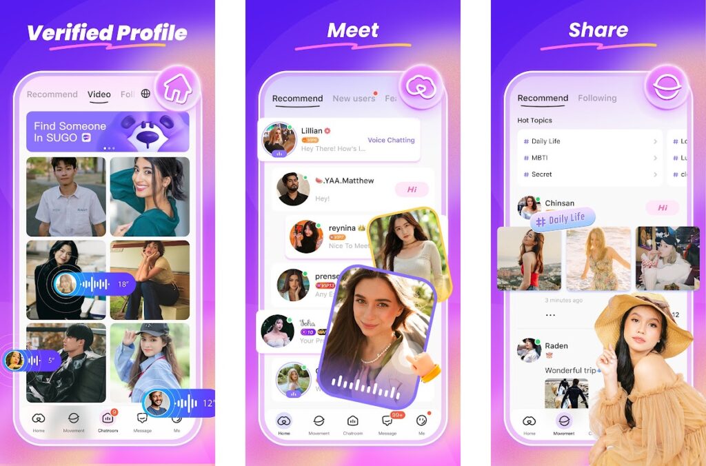 SUGO app interface showing verified profile, meet, and share features with user