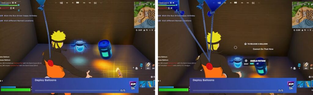 Fortnite birthday quest interface showing deployed balloons and shield potion