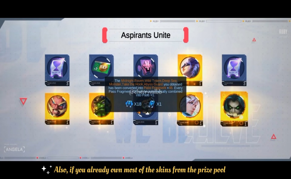 MLBB Aspirants Unite character skins display showing rewards and drop rates