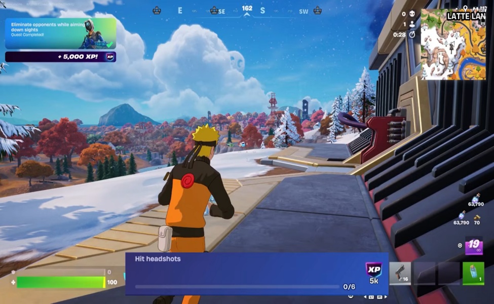 Fortnite player aiming down sights at opponents during birthday quest challenge