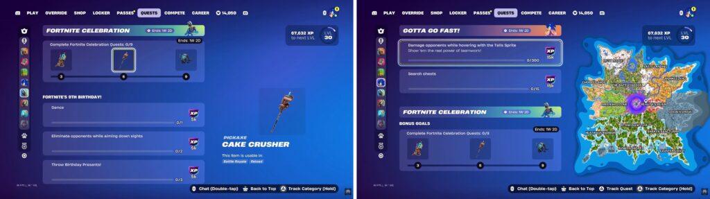 Fortnite 9th Birthday quests menu showing celebration challenges and XP rewards