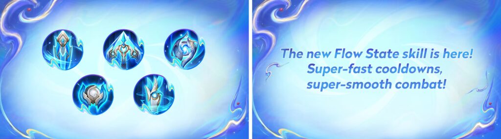 Five blue glowing skill icons showcasing Flow State mechanic in Honor of Kings
