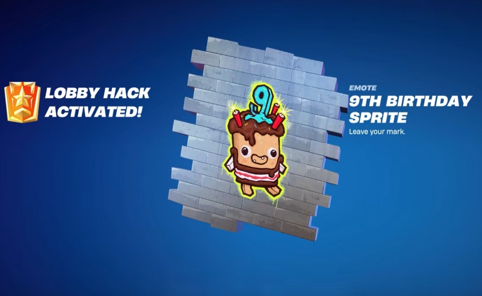 Fortnite 9th Birthday sprite emote with cake design and yellow glow effect