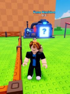 Roblox character standing near a blue Fuse Machine with question mark display