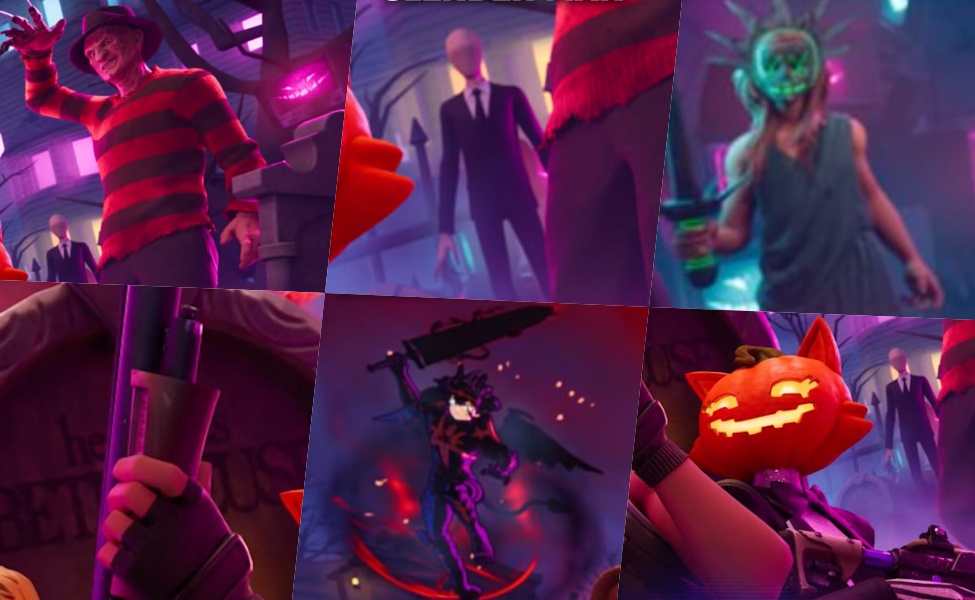 Neon-lit Fortnitemares Halloween event scene with glowing masks and spooky