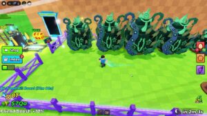Player facing row of luminous egg creatures in green idle game environment