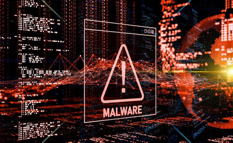Digital malware warning icon with code and network visualization in red
