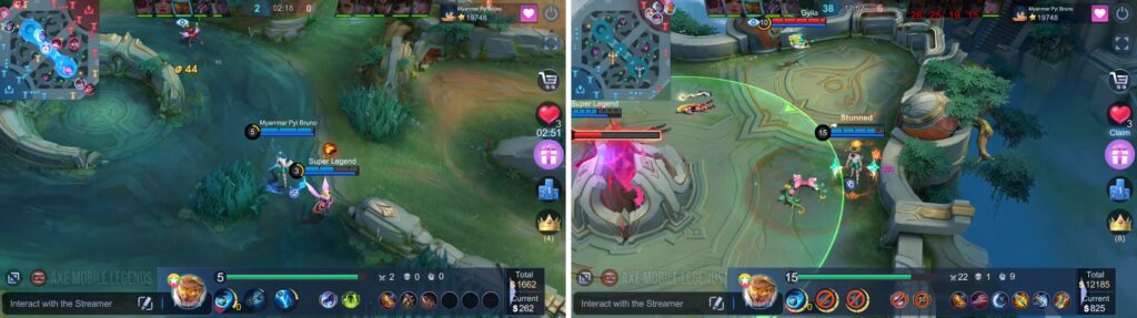 Mobile Legends gameplay showing Bruno character in two match scenarios with