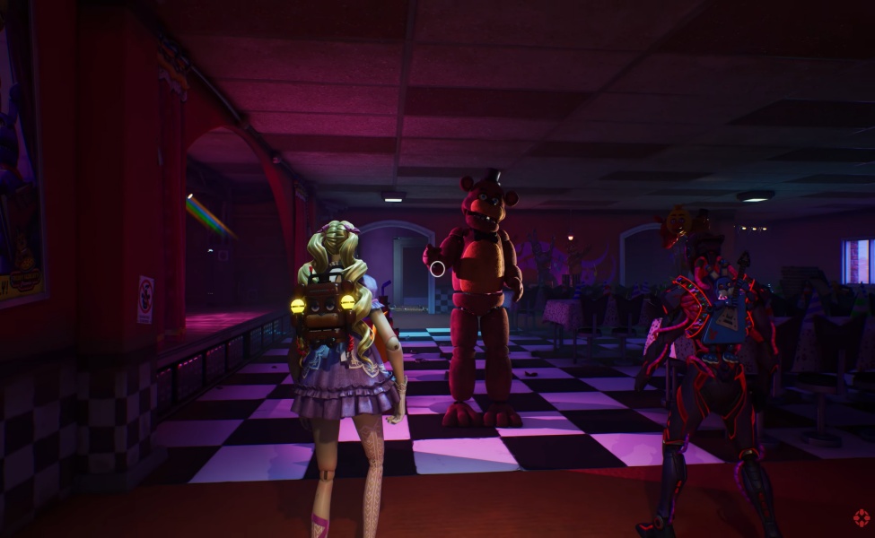 Fortnite FNAF collaboration gameplay showing animated characters on checkered