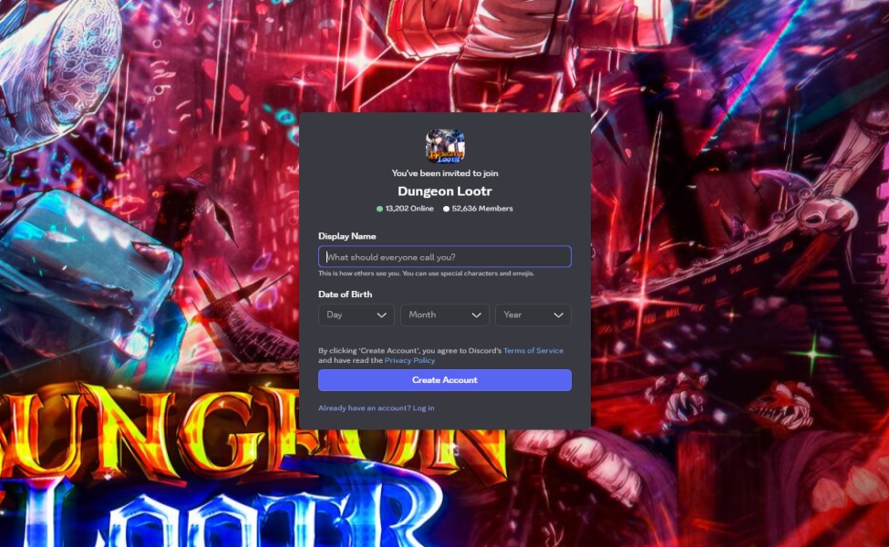 Dungeon Lootr Discord server invitation screen with account creation form