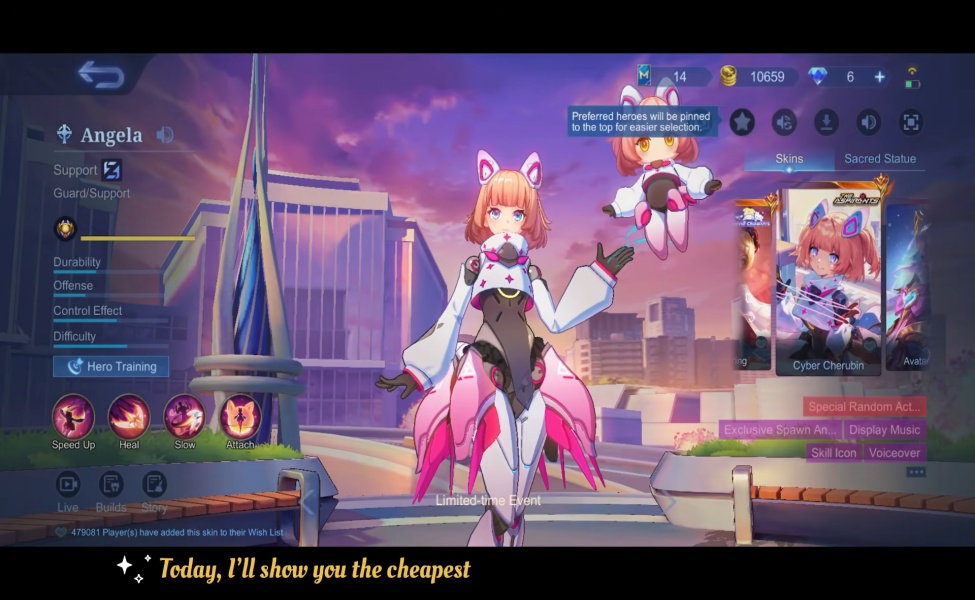 Angela character hero skin showcase in Mobile Legends game interface
