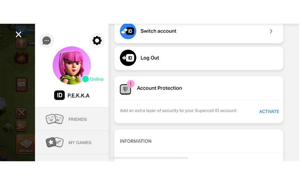 Supercell ID account menu with two-factor authentication security option
