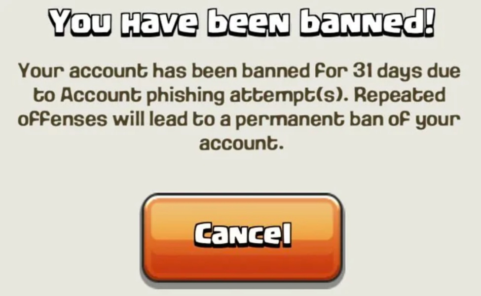 CoC account ban warning message for phishing attempt with 31-day suspension notice