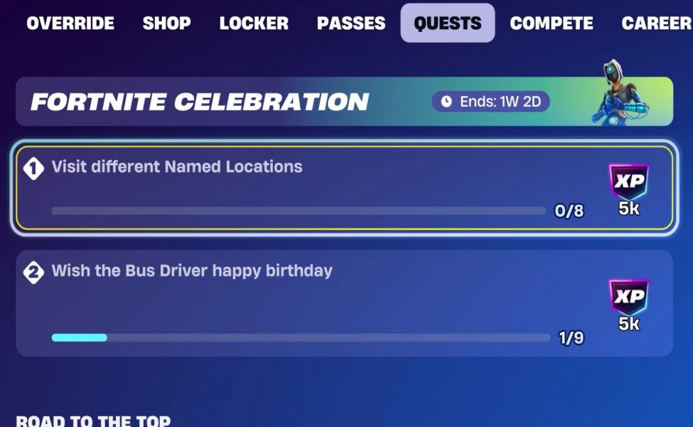 Fortnite Celebration quests showing visit locations and wish bus driver happy birthday