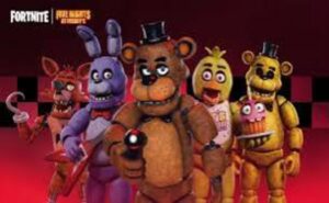 Fortnite x FNAF Wave 1 skins featuring animatronic characters on red background