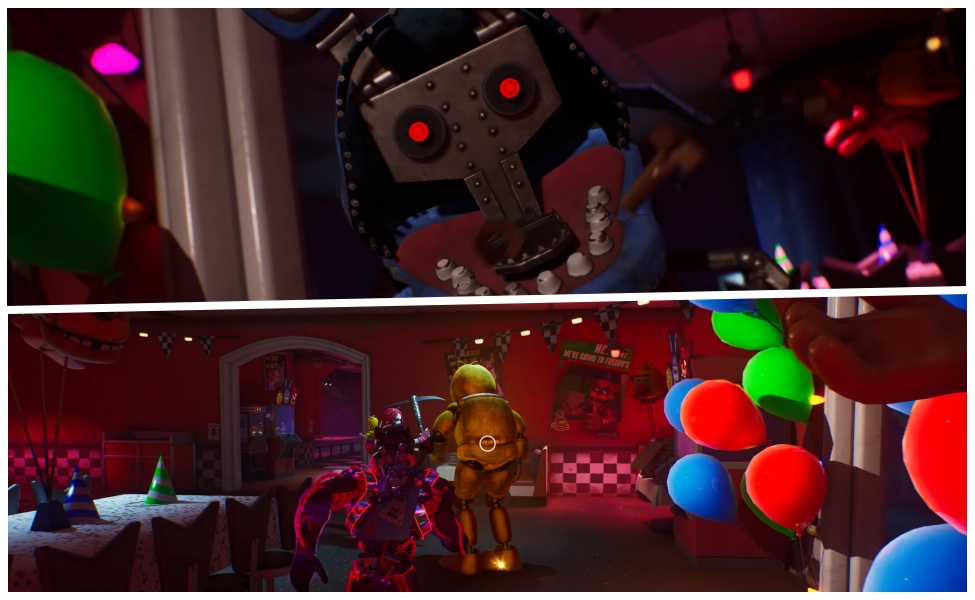 FNAF animatronic character in Fortnite game environment with colorful balloons