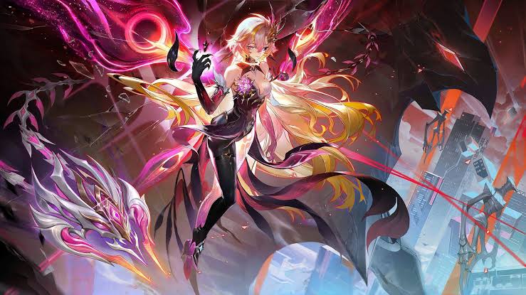 Obsidia character with glowing pink and gold magical effects in Mobile Legends with Imperatrix Arashi skin for The Aspirants 5.0 event