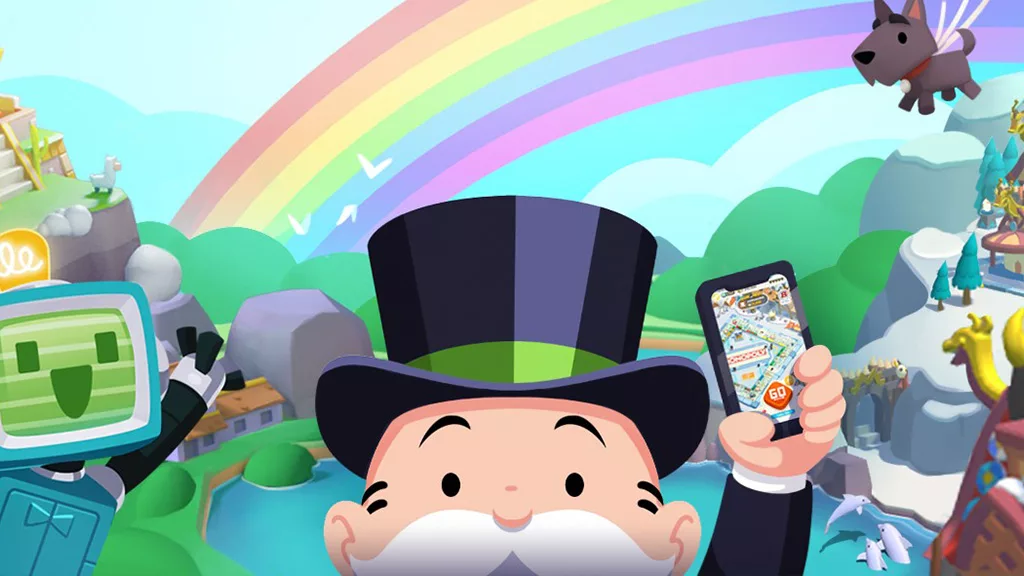 Monopoly Go Free Dice April Tutorial and Anniversary Bash Monopoly Go Free Dice April with Mr. Monopoly holding a smartphone