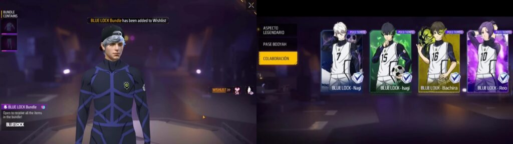 Free Fire x Blue Lock collaboration bundles in-game store screen