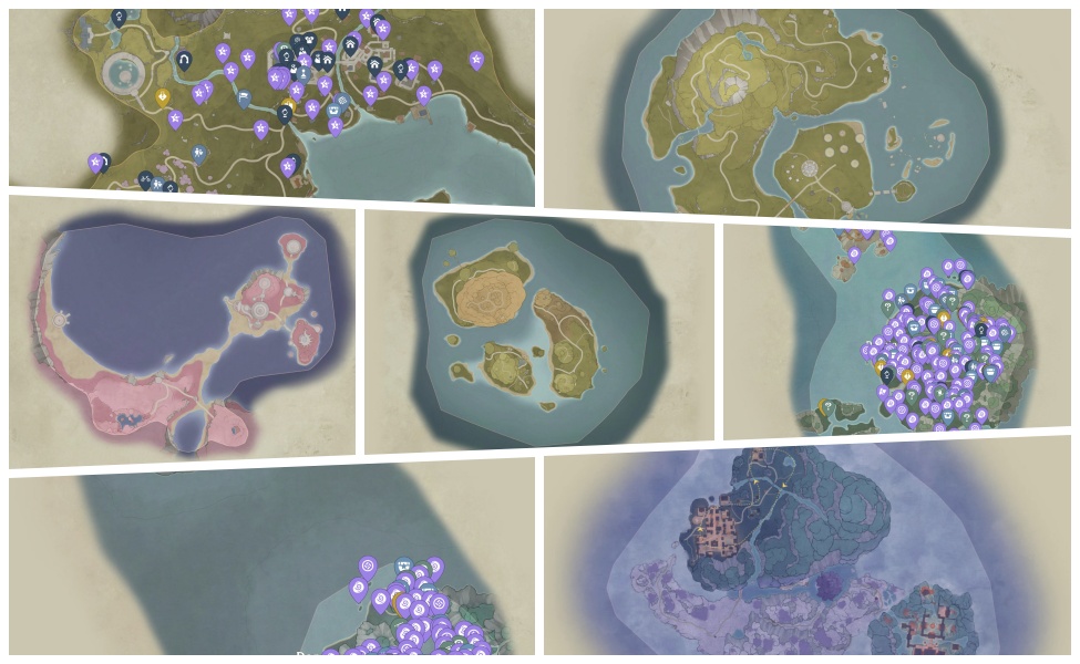 Infinity Nikki Miraland regional maps with Warp Spires and quest markers