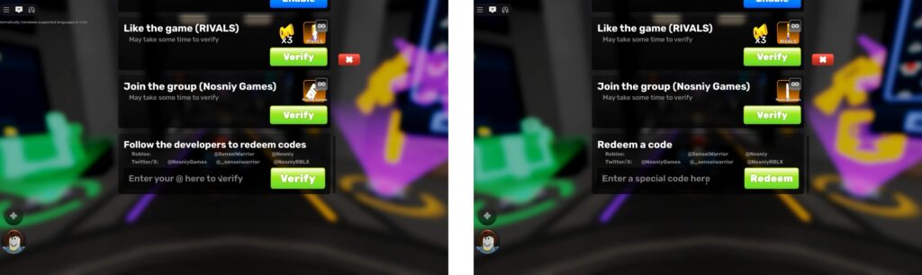 Roblox Rivals code redemption screen with verify and redeem options