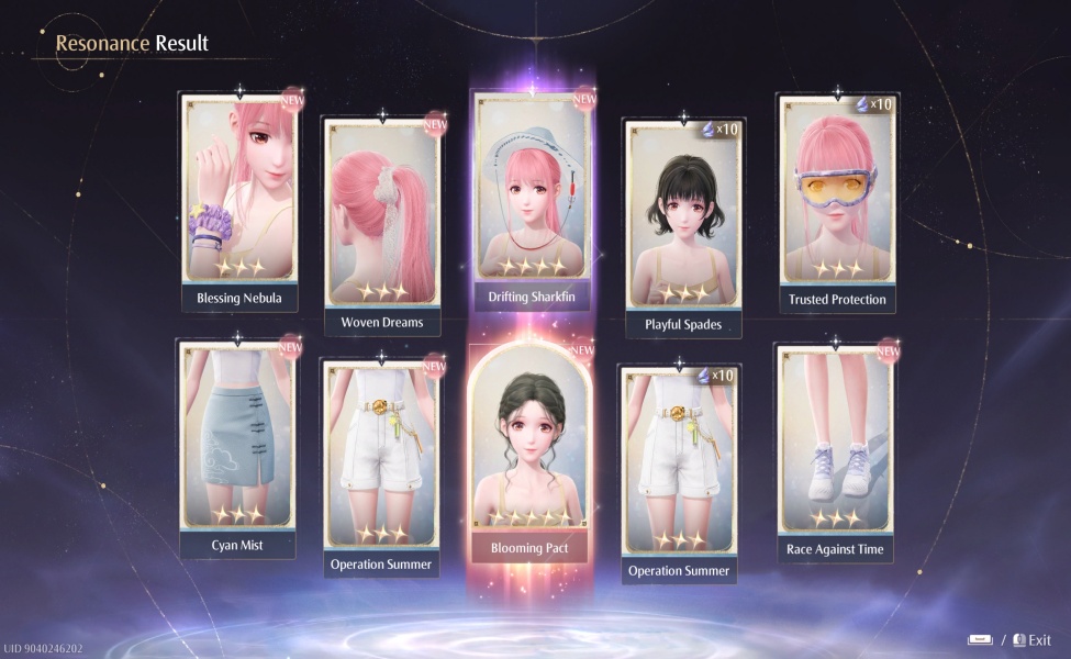 Infinity Nikki Resonance Result screen showing ten gacha outfit pulls