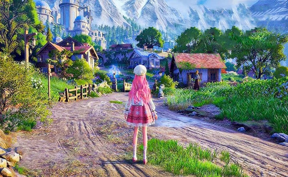Nikki with pink hair exploring a village in Miraland