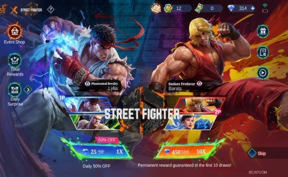 MLBB x Street Fighter 6 gacha banner showing Diamond prices for skins
