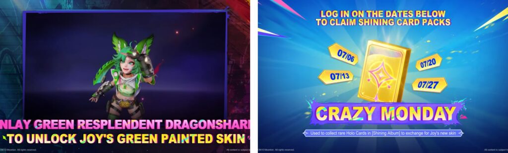 MLBB Joy Green Painted Skin and Crazy Monday Shining Card Packs