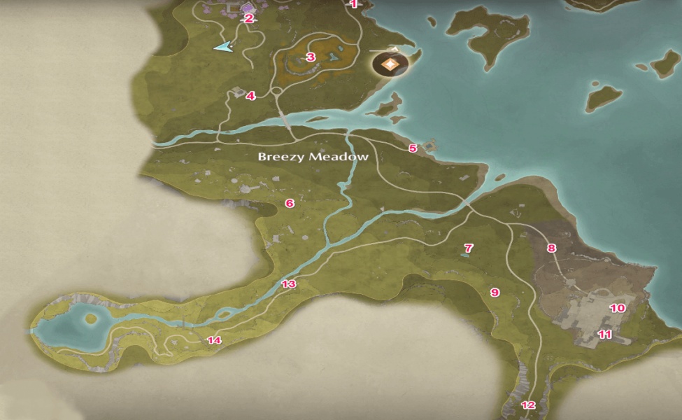 Infinity Nikki Breezy Meadow map with numbered Warp Spire locations