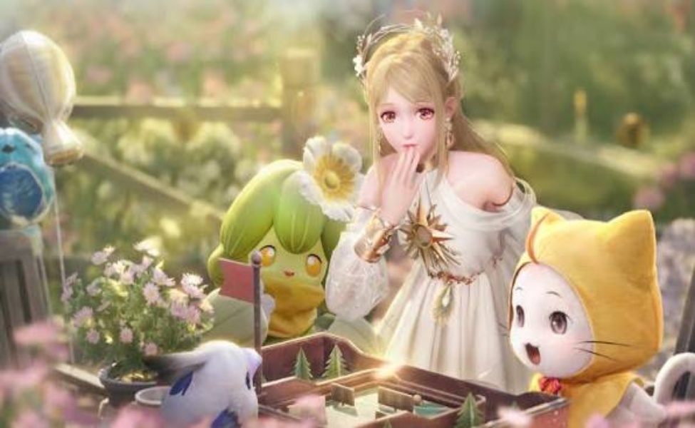 Nikki with Momo and creatures in a magical Miraland scene