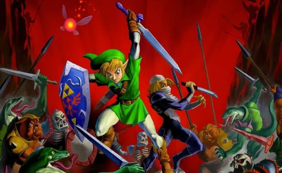 Link battles enemies in classic Zelda Ocarina of Time artwork