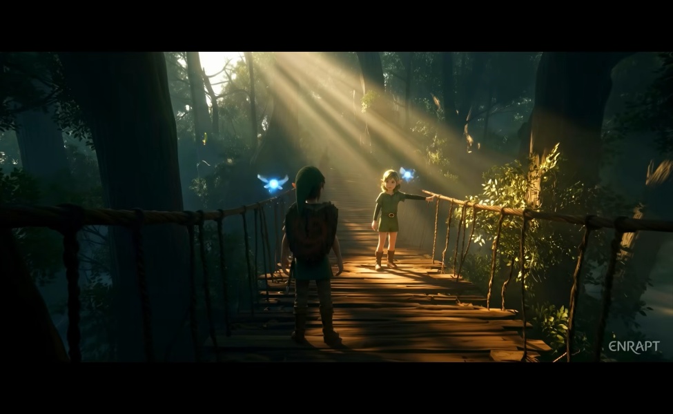 Zelda Ocarina of Time remake concept art with Link on a forest bridge