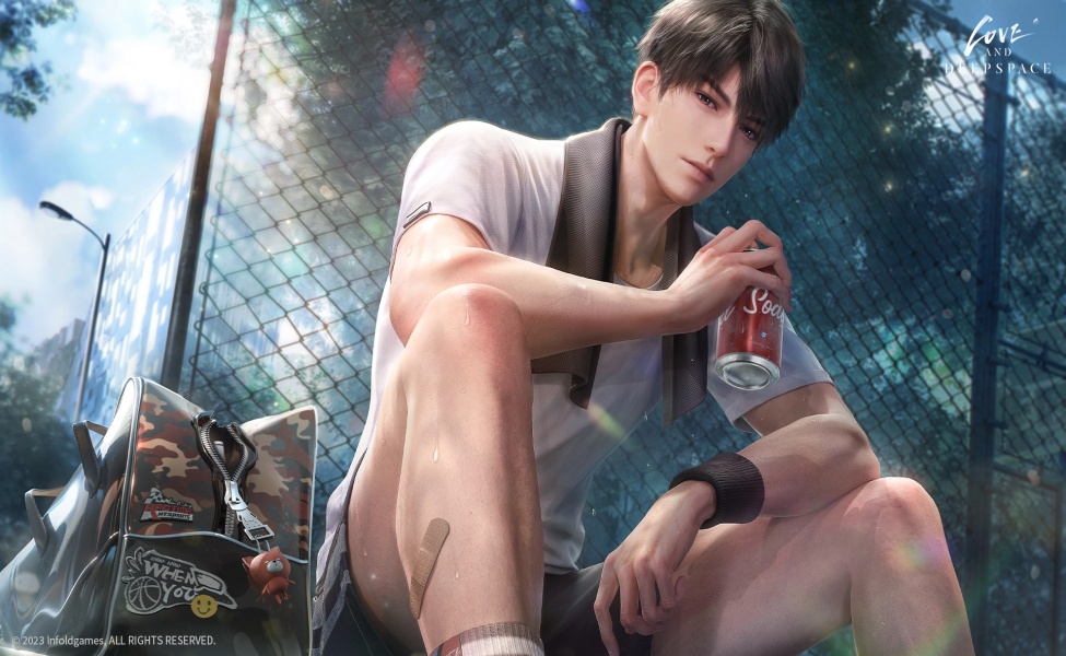 Caleb from Love and Deep Space holding a soda can by a chain-link fence