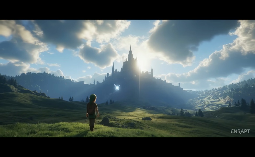 Link gazes toward a sunlit castle in a lush Hyrule landscape