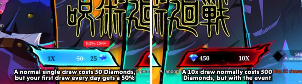 MLBB x Jujutsu Kaisen draw costs showing Diamond discounts