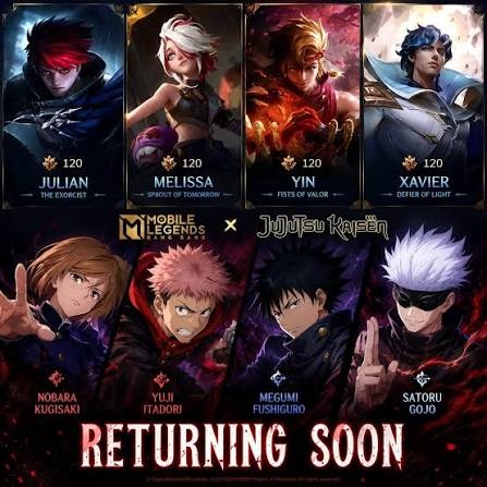 MLBB x Jujutsu Kaisen crossover skins returning soon promo banner