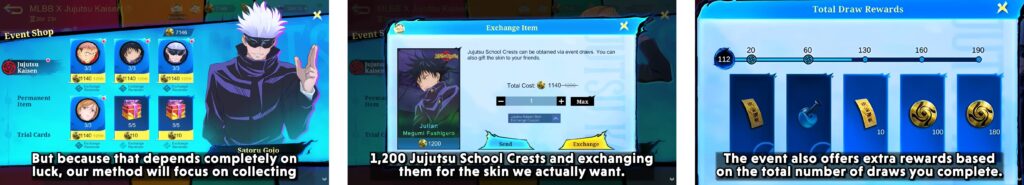 MLBB x Jujutsu Kaisen event shop showing Crests exchange and draw rewards