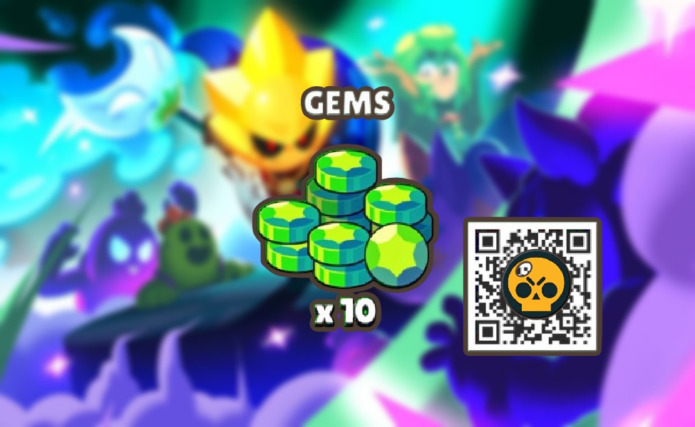 Brawl Stars x10 Gems reward with QR code on Katana Kingdom background