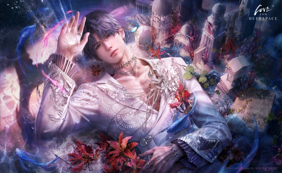 Rafayel Love and Deepspace fantasy art with red flowers
