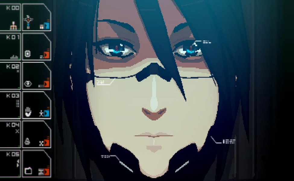Signalis gameplay scene showing a pixel art android character face